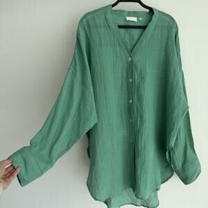 Monday Swimwear Barcelona Tunic Small Green Crinkle 100% Linen Button Up Shirt